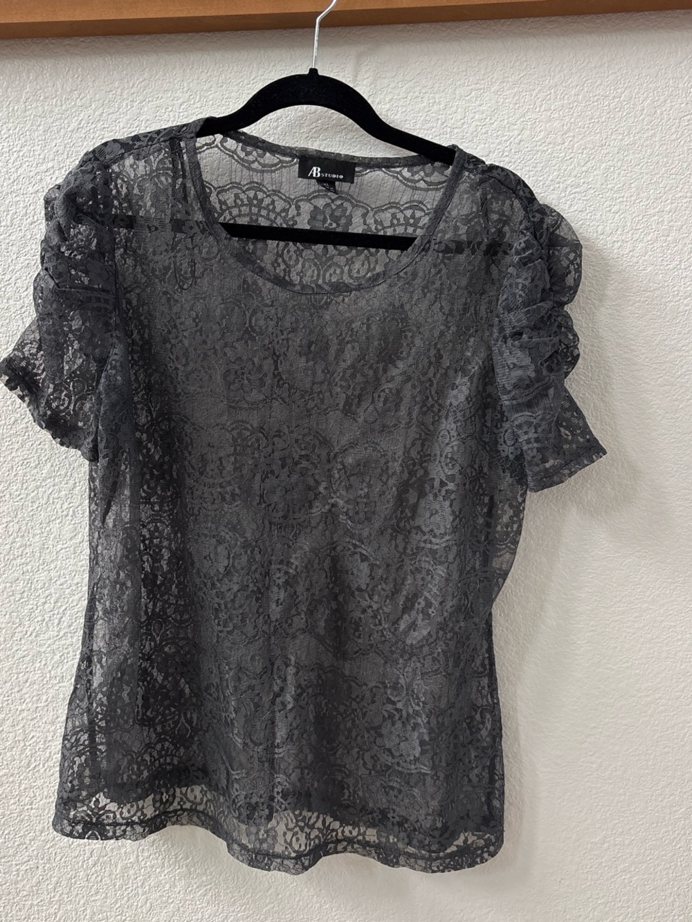 AB Studio Charcoal Gray Sheer Floral Lace Scoop Neck Top Women’s XL